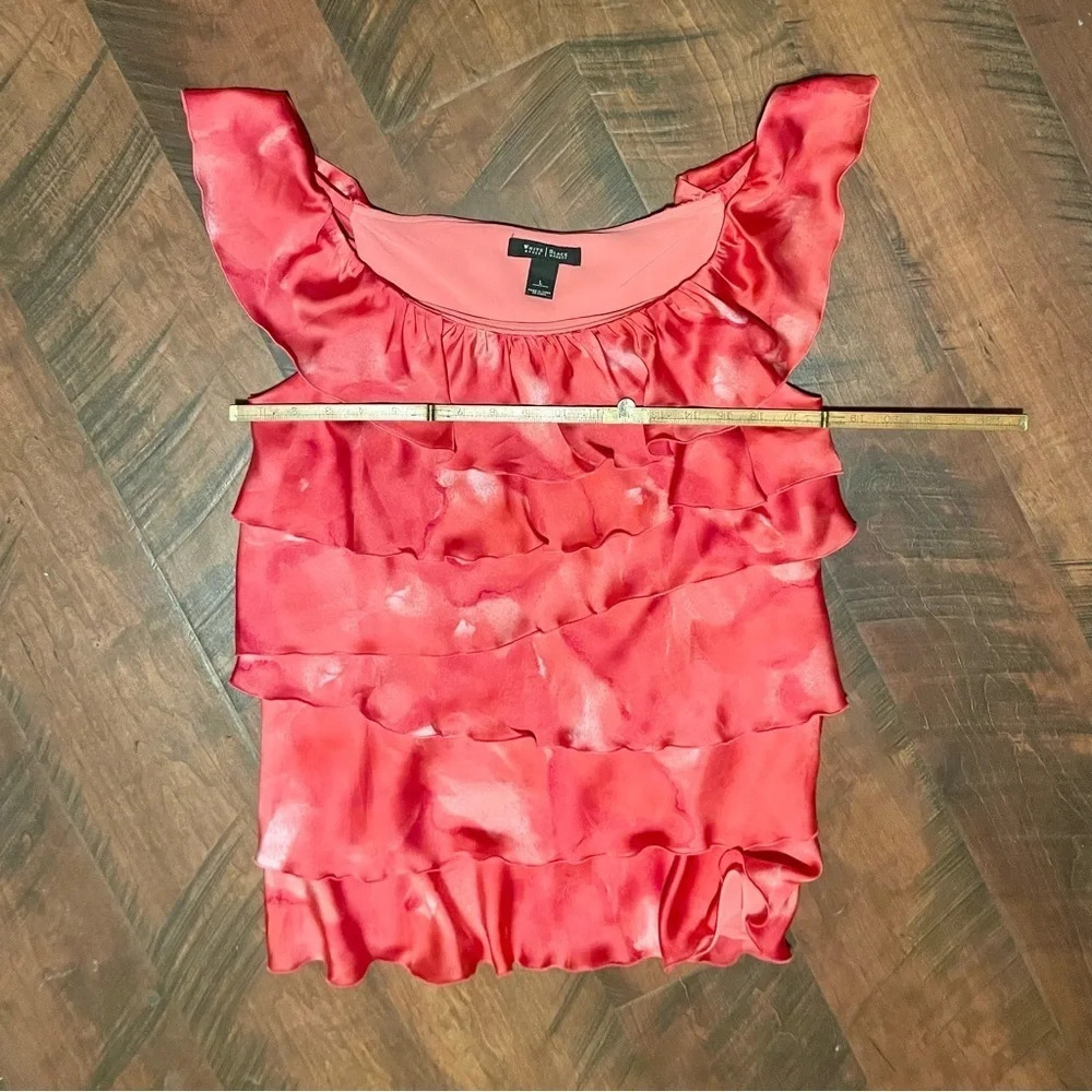 White House Black Market Pink/Coral Watercolor Ruffle Sleeveless Blouse, L - Picture 8 of 9